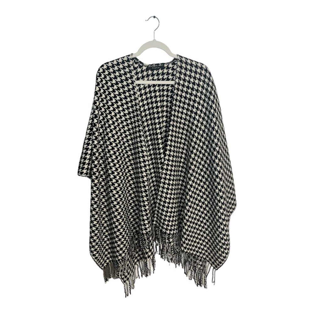 Cejon Black/White Houndstooth Wrap Shawl Fringe Open-Front 100% Acrylic One Size